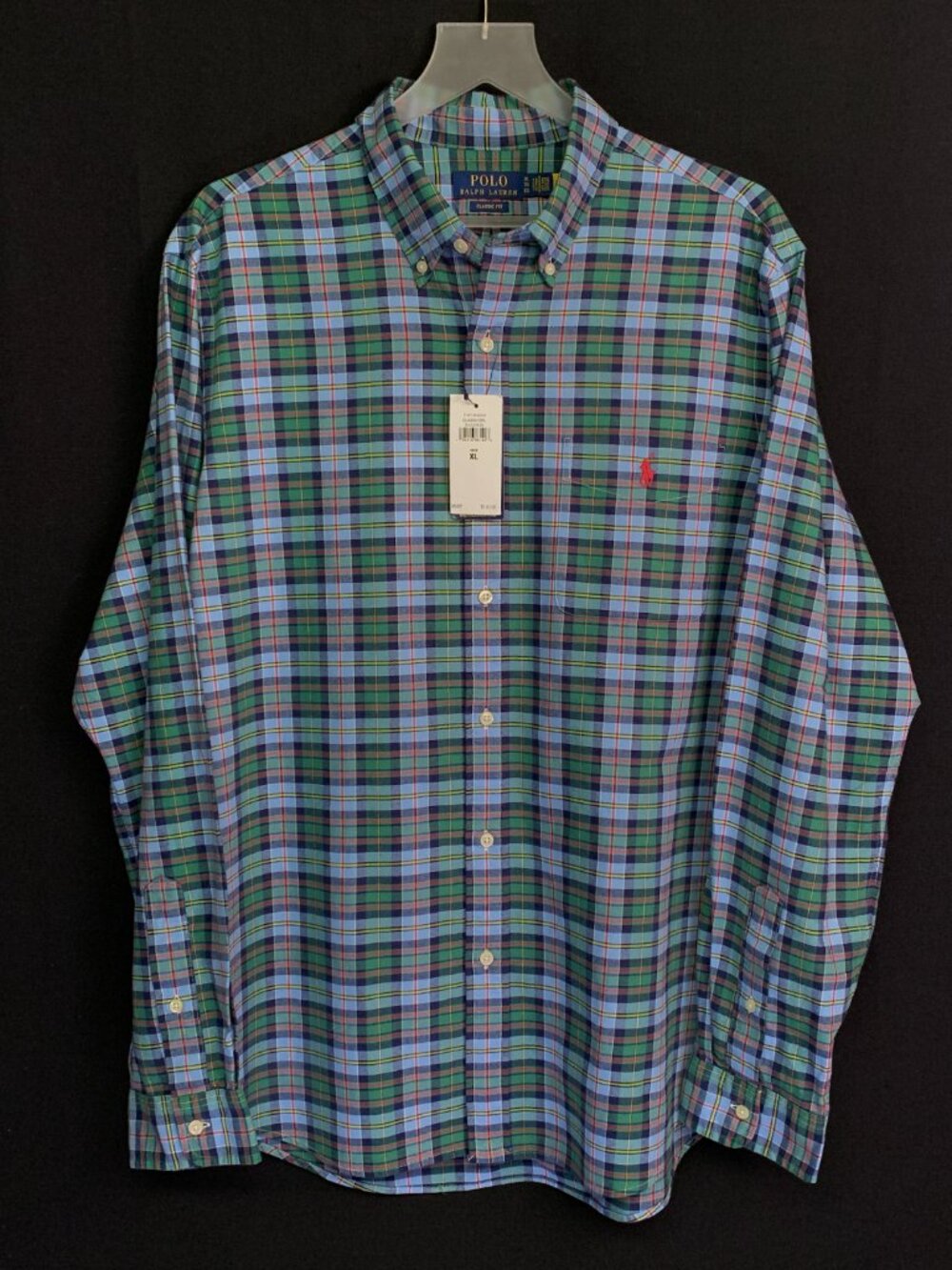 Polo Classic Fit Button Down Shirt 100% Cotton Mens X-Large Plaid Blue Green NWT